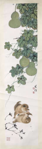 CHINESE SCROLL PAINTING OF PUPPY UNDER GOURD LEAF