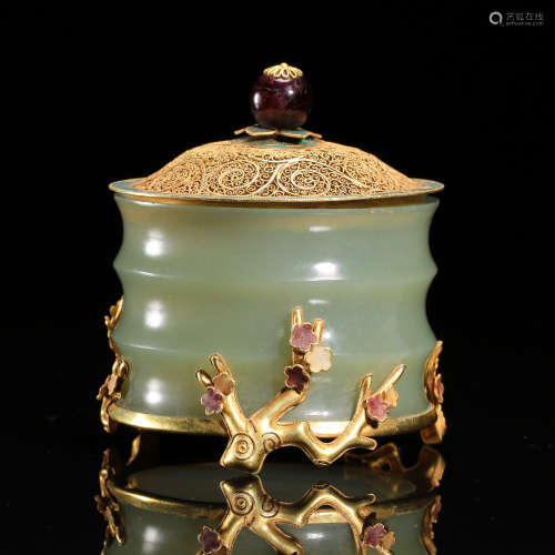 CHINESE PURE GOLD JADE LIDDED CENSER