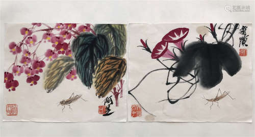 TWO PAGES OF CHINESE PAINTING OF INSECT AND FLOWER