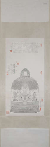 CHINESE SCROLL PAINTING OF BUDDHA ON BELL WITH CALLIGRAPHY