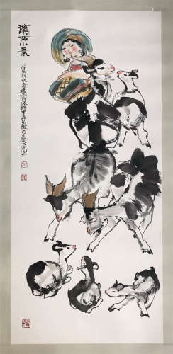 CHINESE SCROLL PAINTING OF GIRL AND DEER