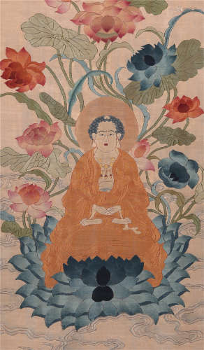CHINESE KESI EMBROIDERY SEATED AMITABHA BUDDHA TAPESTRY