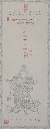 CHINESE SCROLL PAINTING OF WARRIOR WITH CALLIGRAPHY