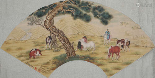 CHINESE FAN PAINTING OF HORSE UNDER PINE