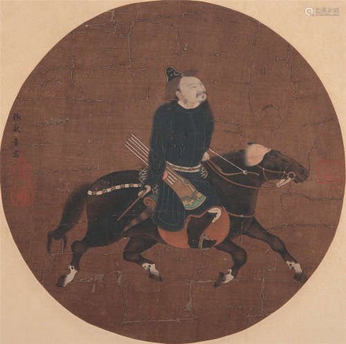 CHINESE ROUND FAN PAINTING OF HORSE MAN