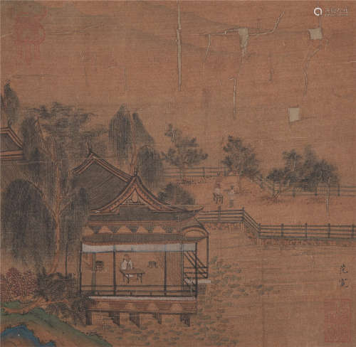 CHINESE SCROLL PAINTING OF BUILDING IN MOUNTAIN