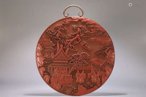 18-19TH CENTURY, A RED LACQUER LANDSCAPE&FIGURE DESIGN HANGING SCREEN, LATER QING DYNASTY.