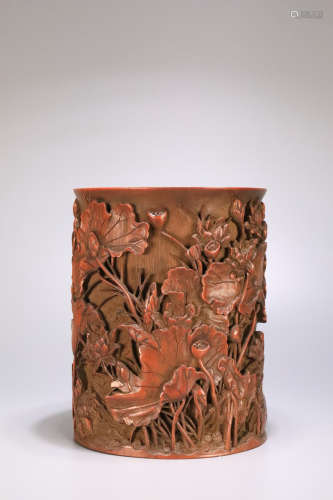 18-19TH CENTURY, A FLORAL PATTERN OLD BAMBOO BRUSH POT, LATE QING DYNASTY