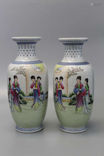 Pair of Chinese famille rose porcelain vases. Qianlong mark, 20th Century.