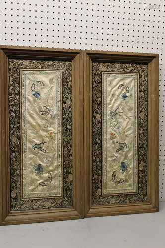 Pair of Chinese embroidery panels. Framed.