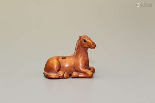 Horse, Japanese wood carving, maker's mark on the bottom.