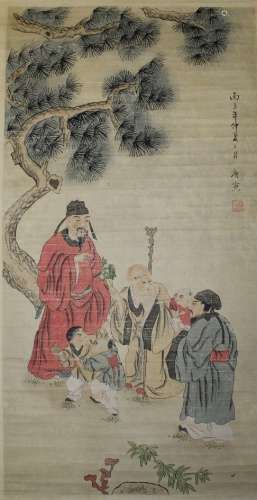 Chinese watercolor painting scroll on paper. Shoulao under pine tree. (s10).