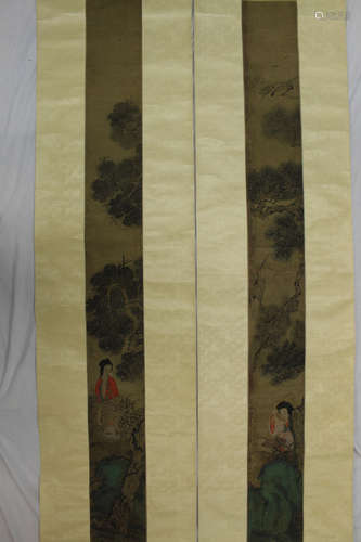 Pair of Chinese ink and watercolor painting on silk scrolls. Qing Dynasty. (s4)