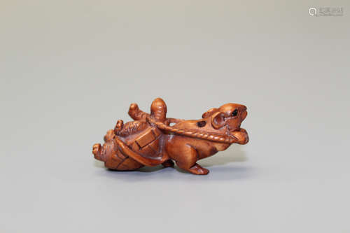 Rat and Turtle, Japanese wood carving, Masakazu mark.