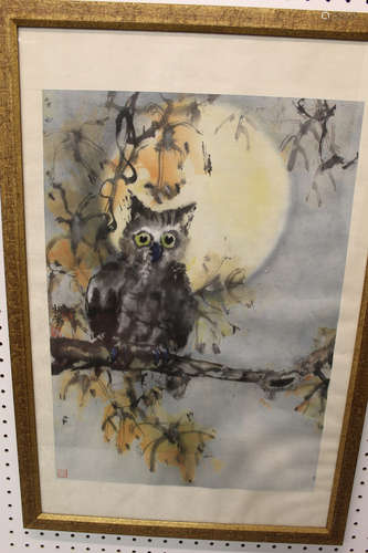 Chinese watercolor painting on paper of an owl. Signed.