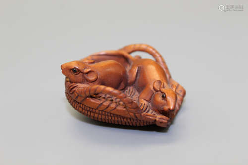 Two Rats, Japanese wood carving, Masakazu mark.