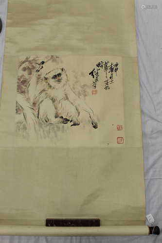 Monkey. Chinese watercolor and ink painting on paper. Liu Jilu. (s3)