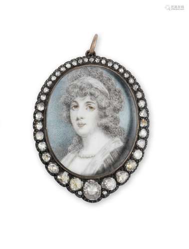 A portrait miniature of a lady wearing a pearl necklace and white bandeau in her powdered hair Manner of John Barry (British, active 1784-1827)