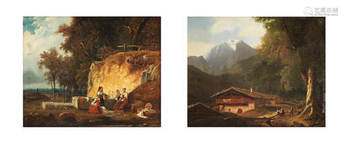 Washerwomen at a well; A chalet in a landscape German School(19th Century)