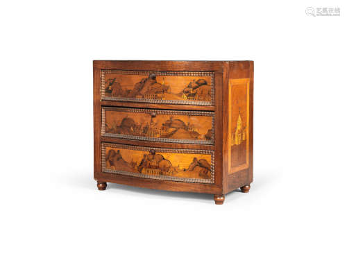 MINIATURE FURNITURE - A South German or Northern Italian 18th century fruitwood, marquetry and poker work decorated commode