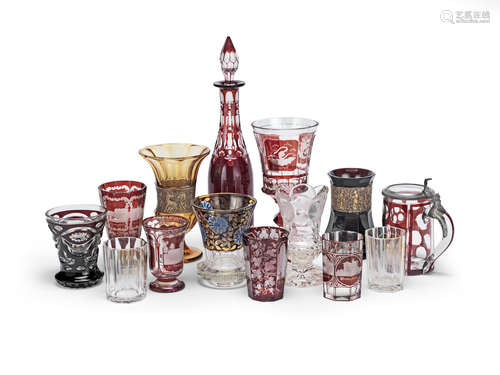 A collection of Bohemian 19th century flash cut and etched glass