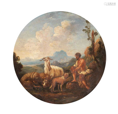 A herder with his flock and dog resting in an Italianate landscape 30.8cm (12 1/8in). diameter Follower of Philipp Peter Roos, called Rosa da Tivoli(German, 1657-1706)