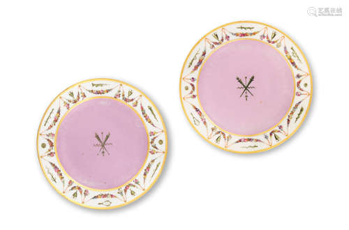 A pair of Sèvres dinner plates from the 'Service fond rose guirlande de fleurs et attributs' made for Napoleon I, circa 1805