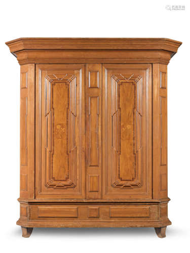 A South German late 18th century pine, fruitwood and marquetry schrank