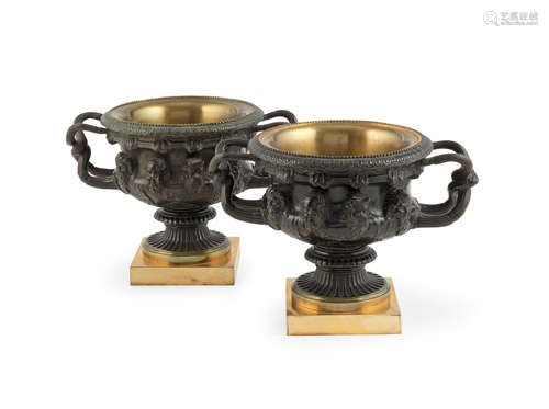 A pair of French late 19th century patinated bronze models of the Warwick vase