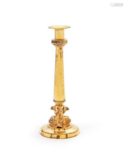 possibly German, maker's mark 'SC'  A 19th century silver gilt candlestick