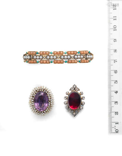 (3) A coral bangle, circa 1900, and two gem-set brooches