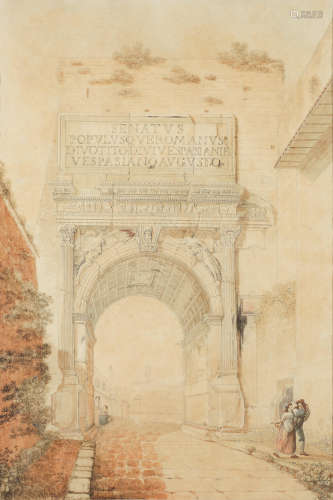 Figures before a capriccio of the Arch of Titus Circle of Franz Kaisermann(Swiss, 1765-1833)