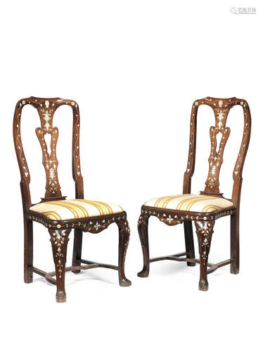 A pair of North Italian mid-18th century walnut and ivory inlaid chairs