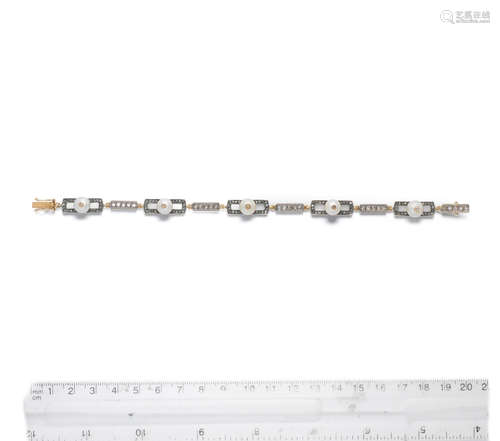 An Art Deco cultured pearl and diamond bracelet, circa 1930