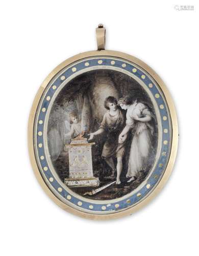 A mourning miniature depicting Cupid behind a tree and a lady being lead to a funeral monument, lit by a torch in the foreground Circle of Samuel Shelley(British, 1750-1808)