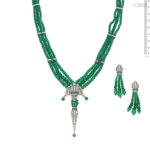 (2) An emerald and diamond necklace and earring suite