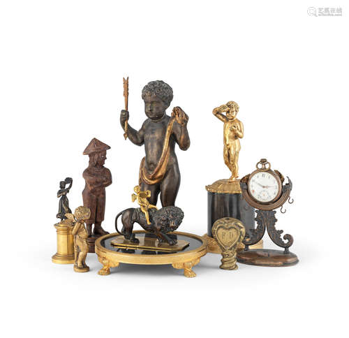 Mostly 19th century  A collection of bronze and carved wood works of art