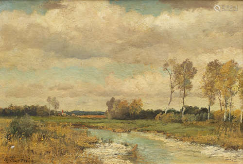 River landscape, a town beyond 20cm x 30cm Max Hartwig(German, 1873-1939)