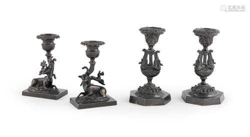 Two pairs of 19th century bronze candlesticks