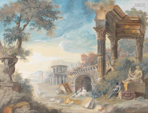 Figures resting among classical ruins Italian School, 18th Century