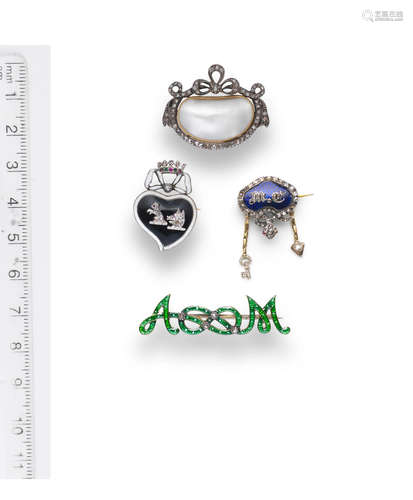 (4) Four antique brooches, early 19th century - early 20th century, and a cultured pearl pendant