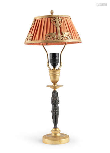 A late 19th century patinated and gilt bronze Egyptian revival lamp base