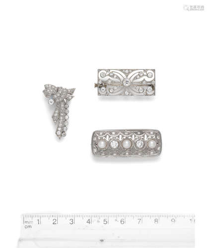 (3) Three diamond brooches, mid 20th century