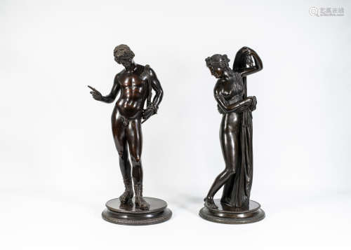 Neapolitan late 19th century, a pair After the Antique, A bronze figure of Narcissus and the Venus Calipigia