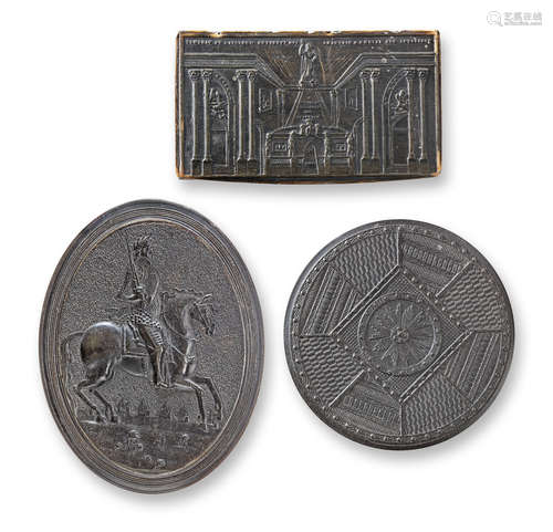 An 18th century oval pressed horn box depicting Peter the Great on horseback,