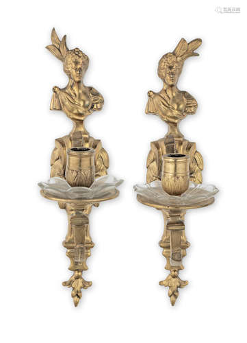 In the Louis XVI style A large pair of French late 19th century gilt brass twin branch wall lights