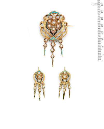 (2) A mid 19th century enamel and pearl brooch and earring suite, French