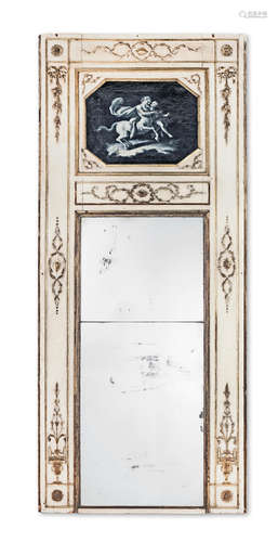 A large French late 18th century painted and parcel gilt trumeau mirror