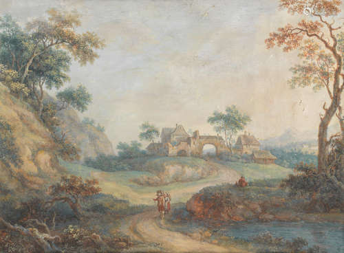 Figures resting in a landscape before ruins; Figures on a country path by a river (2) German School18th Century