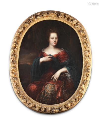 Portrait of a lady, three-quarter-length, in a red dress and blue wrap, seated Circle of Pierre Mignard(French, 1612-1695)